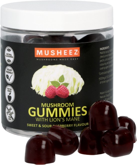Musheez paddenstoelengummies met leeuwenmanneke. Zoete en zure frambozensmaak. 60 stuks.