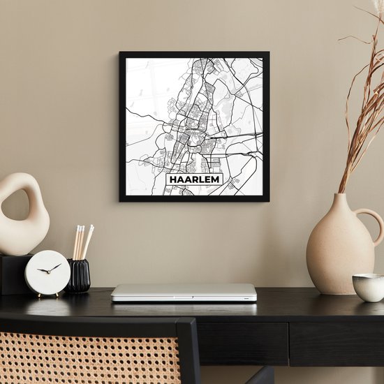 Affiche encadrée - Cadre photo 40x40 cm - Posters - Carte - Haarlem - Zwart - Wit - Cadre affiche noir - Décoration - Décoration murale salon - Décoration murale chambre