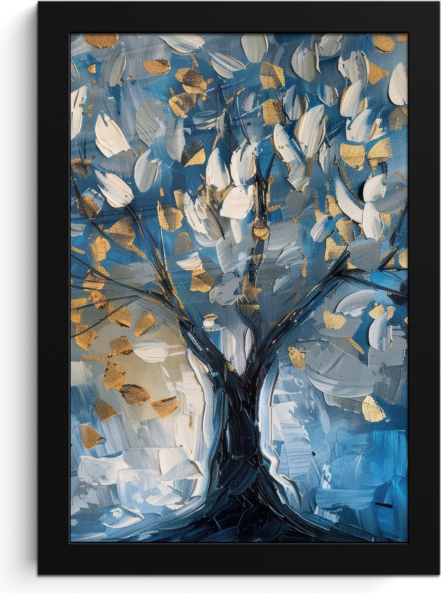 FrameYourWall Poster in lijst - Fotolijst 20x30 cm - Posters - Boom - Blauw - Goud - Abstract - Posterlijst zwart - Decoratie - Wanddecoratie woonkamer - Muurdecoratie slaapkamer Blauw - Levensboom
