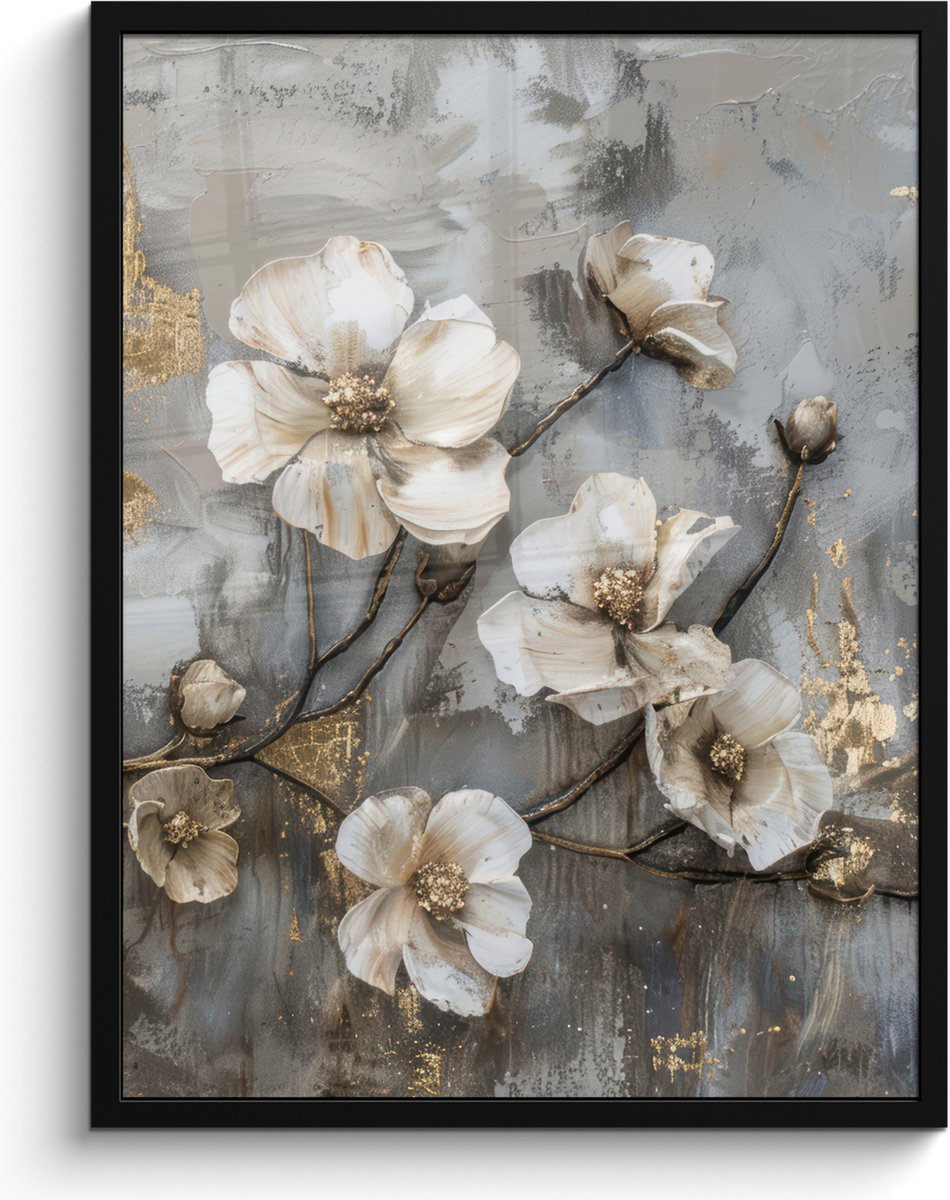 FrameYourWall Poster in lijst - Fotolijst 60x80 cm - Posters - Bloemen - Wit - Grijs - Goud - Luxe - Posterlijst zwart - Decoratie - Wanddecoratie woonkamer - Muurdecoratie slaapkamer