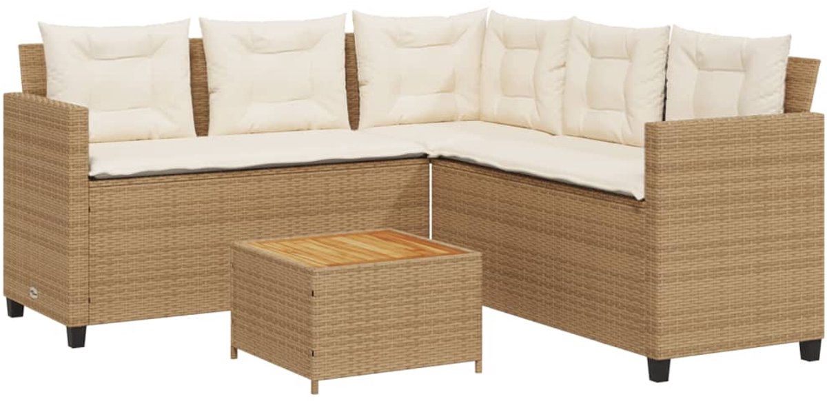 vidaXL Tuinbank - met - tafel - en - kussens - L-vormig - poly - rattan - beige