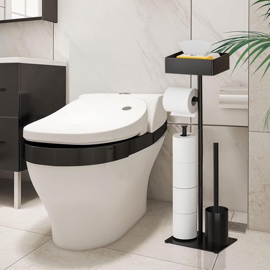 Roestvrij stalen toiletpapierhouder, staand met wc-borstel, toiletpapierhouder met wc-borstel, staande wc-set en toiletborstel, wc-rolhouder, staand (zwart mat