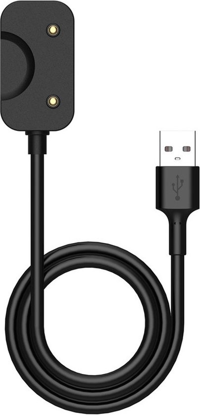 Chargeur magnétique noir avec câble USB, enroulé en spirale.