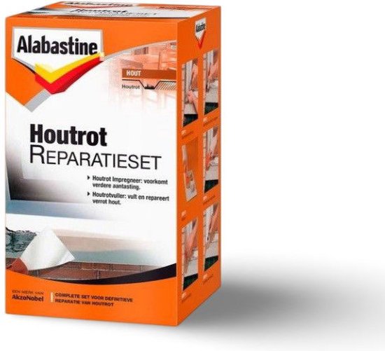 Alabastine Houtrot Reparatieset. Oranje verpakking met witte en grijze tekst. Bevat afbeeldingen van het reparatieproces.