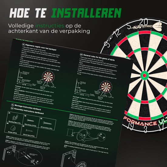 Instructies voor het ophangen van het dartbord 'Performance Ultra'. Met Nederlandse en Engelse tekst en afbeeldingen.