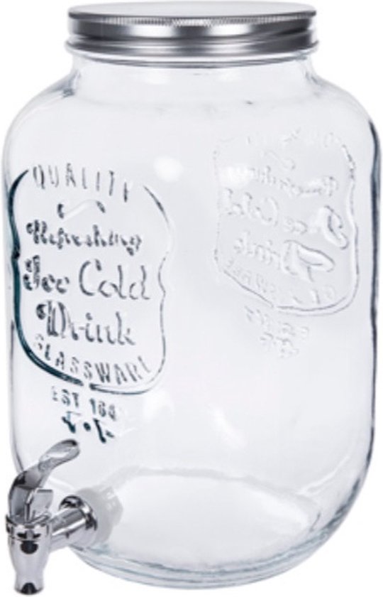 Glazen drankdispenser met zilverkleurig deksel en kraantje, met de tekst 'Quality Refreshing Ice Cold Drink Glassware Est. 184'.