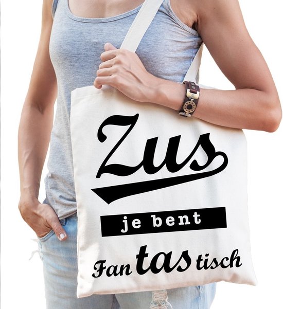 Sac en coton blanc avec le texte 'Zus je bent fantastisch' en calligraphie.