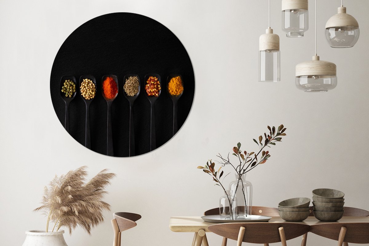 WallCircle Wandcirkel 150x150 cm - Muurcirkel Lepels - Specerijen - Zwart - Kruiden - Rustiek - Muurdecoratie woonkamer - Wanddecoratie slaapkamer - Kamer decoratie accessoires - Ronde schilderijen Multicolor