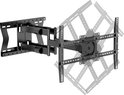 Support TV noir avec double bras, montre la rotation possible avec des lignes pointillées.