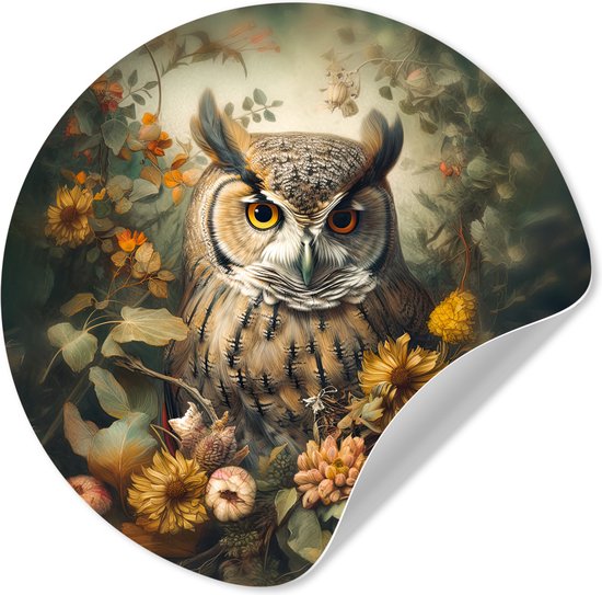 Behangcirkel - Muurstickers slaapkamer - Uil - Bloemen - Natuur - Botanisch - Wandsticker - Ronde wanddecoratie - Behangsticker - 30x30 cm - Plak stickers - Rond behang - Sticker muur - Sticker behang
