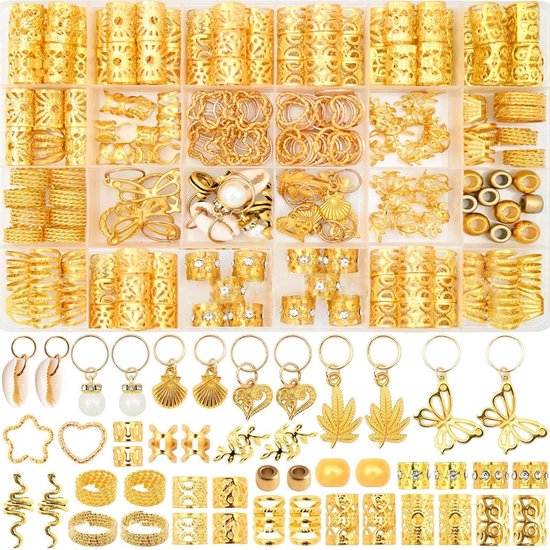 Tyqour 220 stuks gouden haaraccessoires voor vlechten, dreadlocks sieraden gouden haarhangers voor vrouwen, gouden haaraccessoires voor vlechten, vlechtsieraden met gouden hangers, metalen