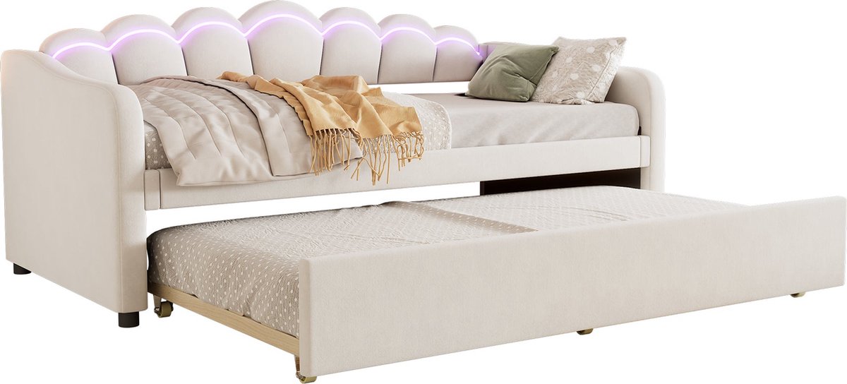 Merax Slaapbank 90x200 cm met Uittrekbed 90x190 – Velvet Beige – LED Verlichting met Afstandsbediening