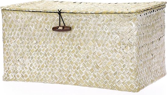 IGNPION Zeegras opbergmand met deksel en verwijderbare voering, geweven bureau-organizerbox voor badkamer, planken en bureaus, decoratieve multifunctionele opbergmand (karamel, L