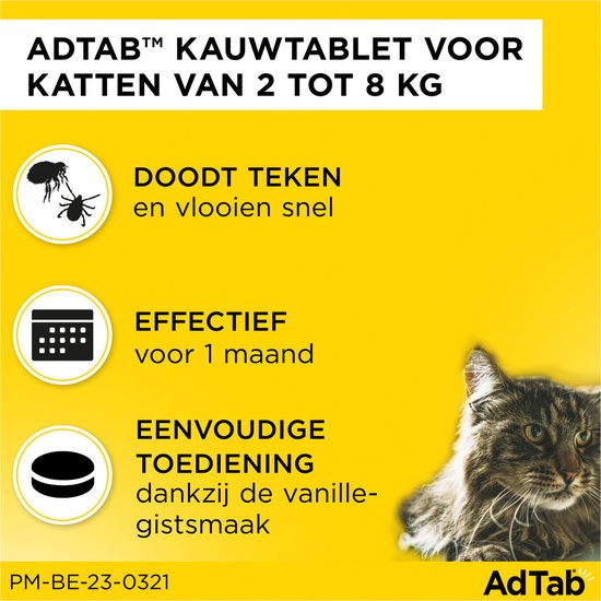 Grootverpakking AdTab met vinkjes en bruin-grijze kat. Doodt teken en vlooien, effectief 1 maand.