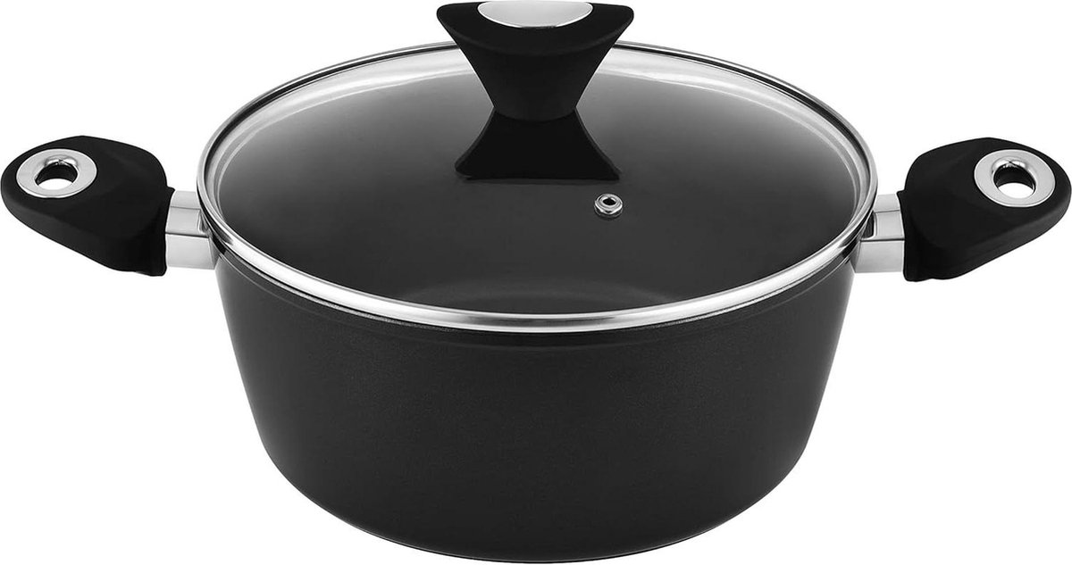 24-cm-kookpot met deksel - antiaanbaklaag - vaatwasmachinebestendig - turbo-inductiebodem - soft-touch ergonomische handvaten - zwart/zilver - 41 l inhoud