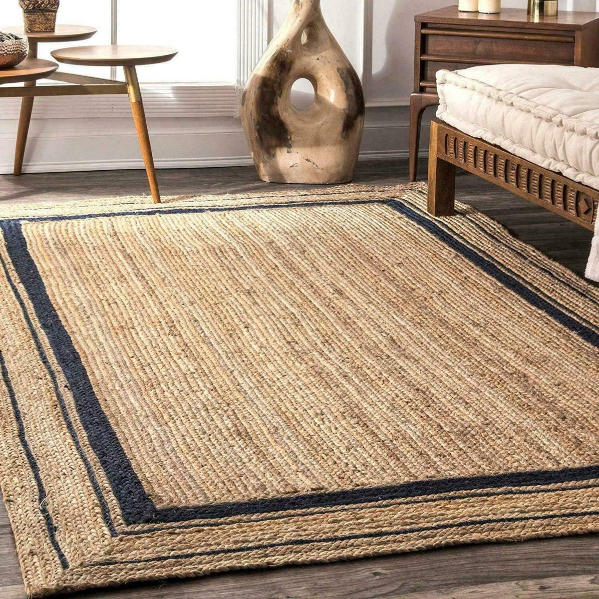 Natural Jute tapijt zwarte lijn handgemaakt gevlochten gebiedstapijt 90 x 360 cm - Ripaz