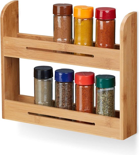 Pilikoll 2 stuks kruidenrek van bamboe met schroeven, zelfklevende stickers, opslag van specerijen, wandkruidenrek voor keuken, badkamer, balkon