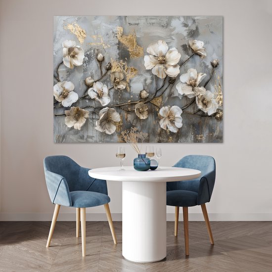 Affiche 160x120 cm - Fleurs - Wit - Grijs - Or - Luxe - Posters - Décoration chambre - Décoration murale salon - Décoration murale chambre XXL