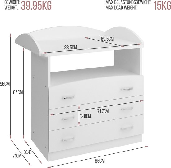 Foto: Infantastic luiertafel 3 laden open vakken 85 x 71 x 96 cm mdf hout wit babycommode luier meubels wisselaar babyspullen kinderkamer tafels luier verschonen