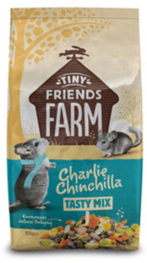 Zak Charlie Chinchilla Tasty Mix voer met twee chinchilla's en een stapel brokjes
