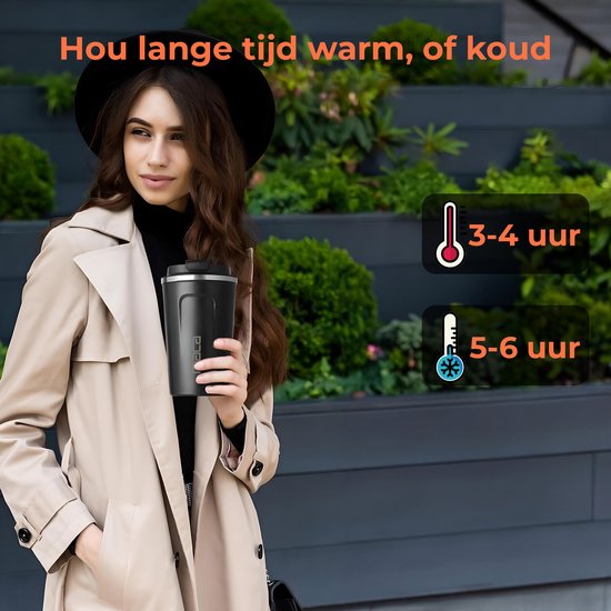 Maca Thermosbeker - Koffiebeker To Go - Met Temperatuurmeter - 380ml - Travel Mug - RVS - Zwart