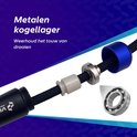 Metalen kogellager van een springtouw met blauwe en zwarte handgrepen.