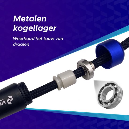 Metalen kogellager van een springtouw met blauwe en zwarte handgrepen.