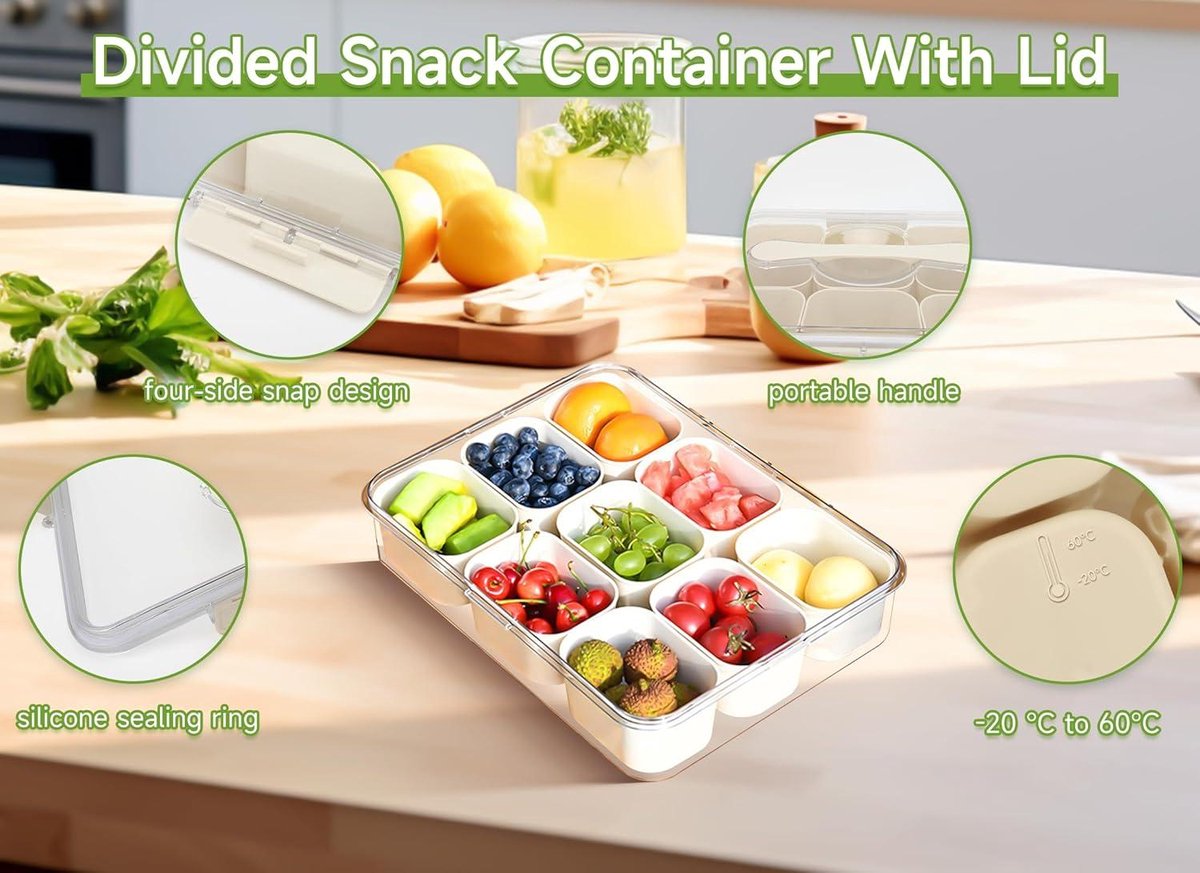 Snackbox met 8 vakken, snackbord met deksel en handgreep, draagbare organizer voor snacks, snoep, noten, fruit, specerijen, voor feestjes, picknicks, uitstapjes