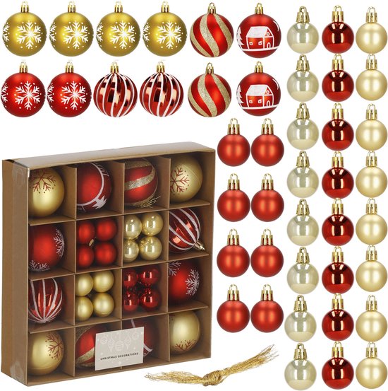 Springos Kerstballen | 42 Stuks | 3/4/5/6 cm | Rood/Goud