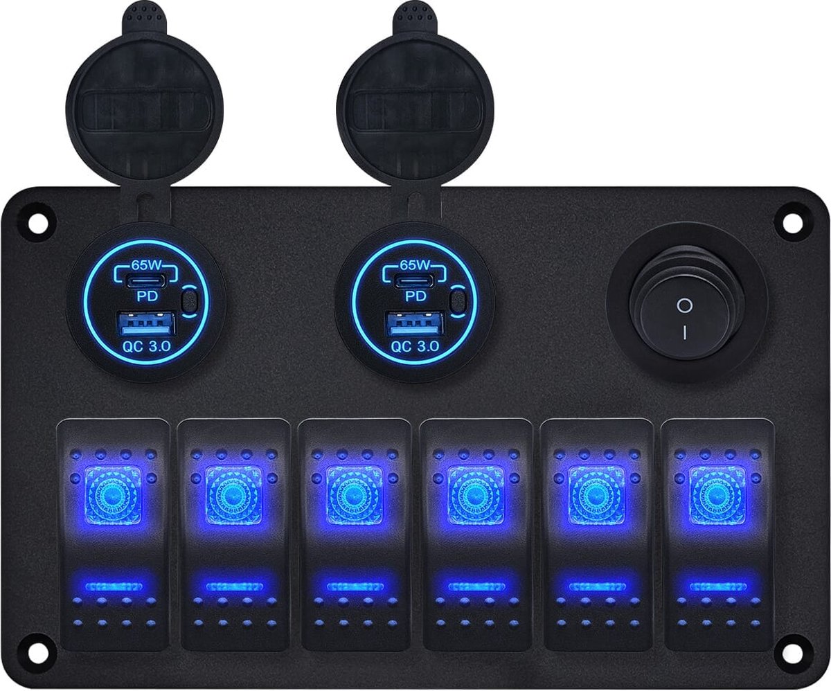 ProRide Schakelpaneel 12V voor Auto/Boot - USB C Lader 4 poorten met Schakelaar - 65W/QC3.0 - 6 Schakelaars