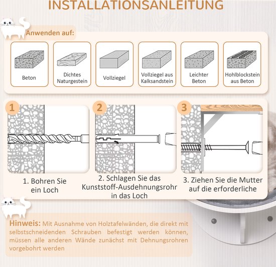 PawHut Kattenbed, kattenplank, kattenligplaats,kattenplank muur