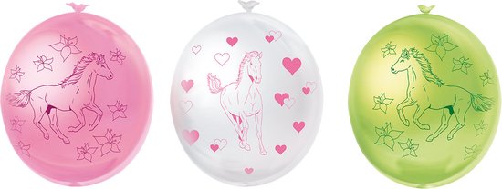Drie ballonnen met paardenprint: roze, wit en groen. De roze en groene hebben paarden met bloemen, de witte heeft paarden en hartjes.
