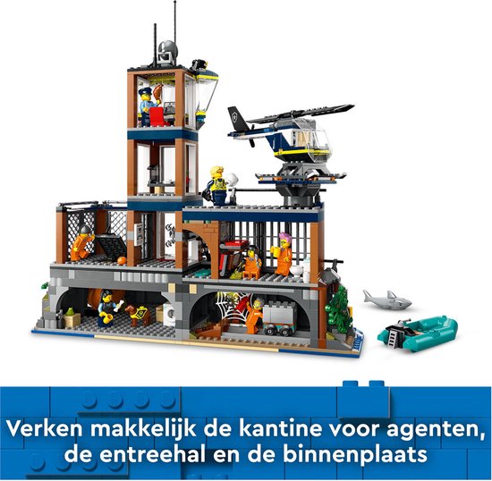 LEGO City Politiegevangeniseiland met gevangenistoren, helikopter en bootjes. Tekst: Verken makkelijk de kantine voor agenten, de entreehal en de binnenplaats.