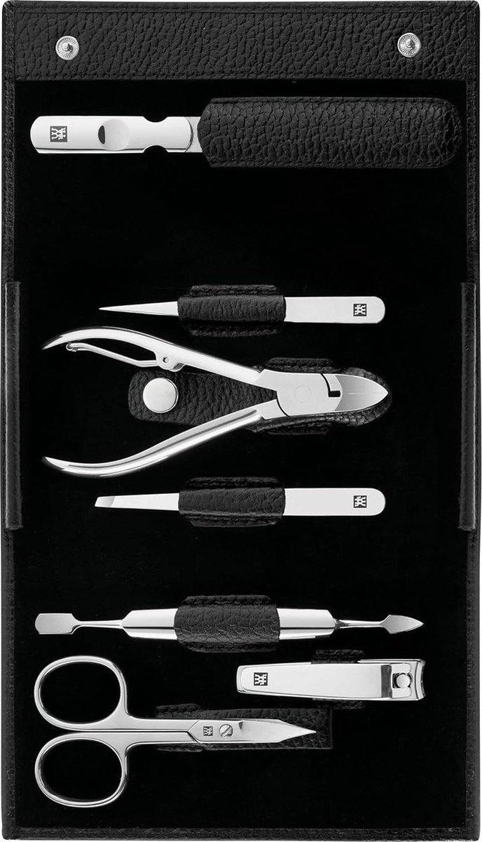 Manicureset Klassiek Inox Manicure 7-Delige Set met Netjes Lederen Zaak Zwart Professionele Kwaliteit