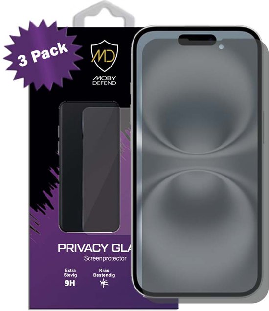 3-Pack MobyDefend Screenprotectors - Geschikt voor iPhone 16 - HD Privacy Glass Screensavers