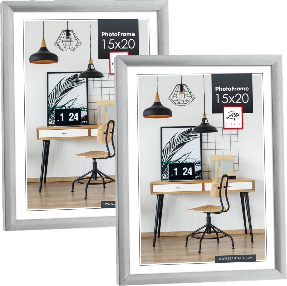 Zep Fotolijst - 2x stuks - zilver - kunststof - voor foto van 15 x 20 cm - staand / hangend