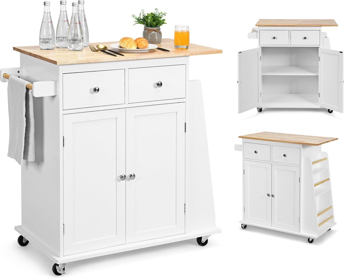 JGS® - Multifunctionele Keukenwagen Met Werkblad en Opbergruimte, Duurzaam Houten Keukeneiland op Wielen - 80 x 45 cm - Wit-
