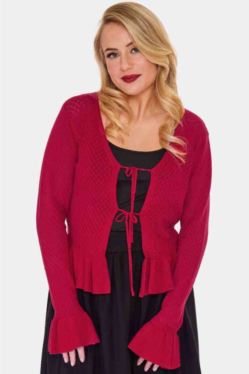 Voodoo Vixen - Red Tie Front Ruffle Cardigan - XL - Rood