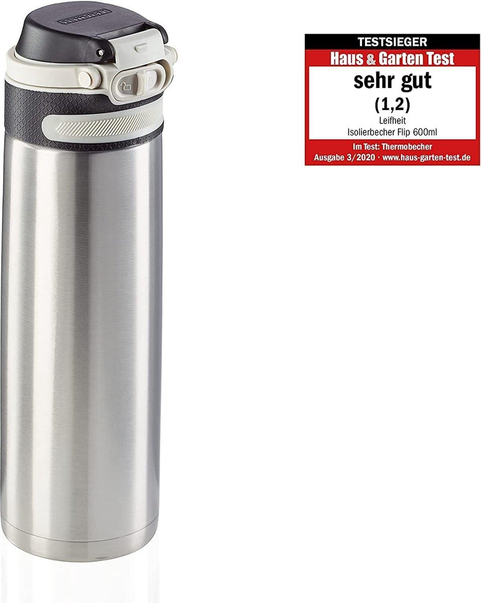 600 ml-thermobeker voor koffie 100% lekvrij praktisch éénhandig te openen drinkbeker voor onderweg met fruitfilter houdt dranken tot 6 uur warm zilver