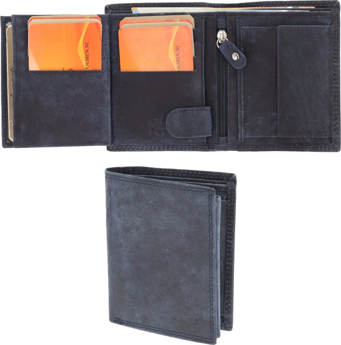 Portemonnee Heren & Dames Echt Leer - 8 Pasjeshouders, Ritsvak & Muntvak - RFID Portefeuille Unisex - Billfold Leren Portemonnee in Navy - 11x9x2 cm