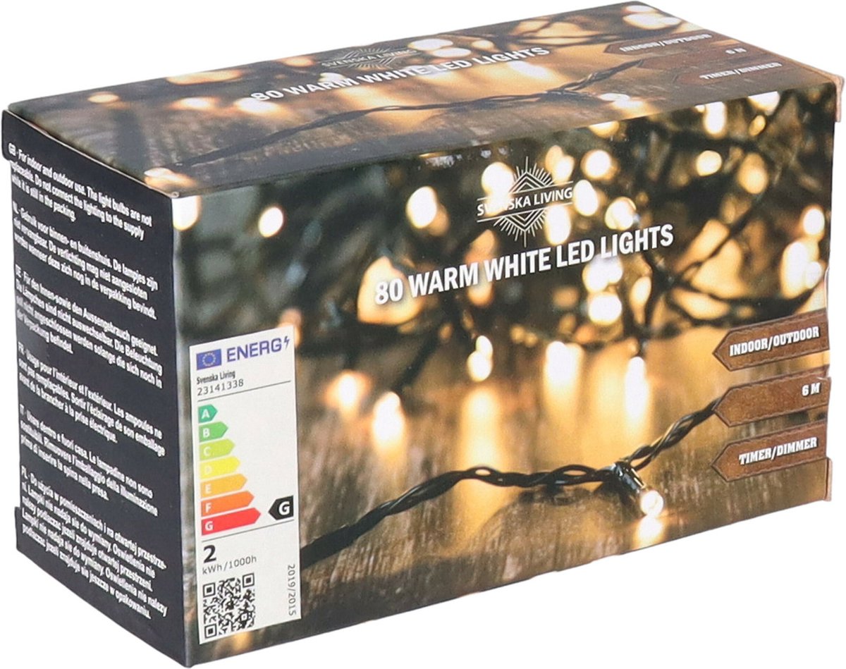 Svenska Living Kerstverlichting - 80 led lampjes - warm wit - 600 cm - zwart snoer - timer