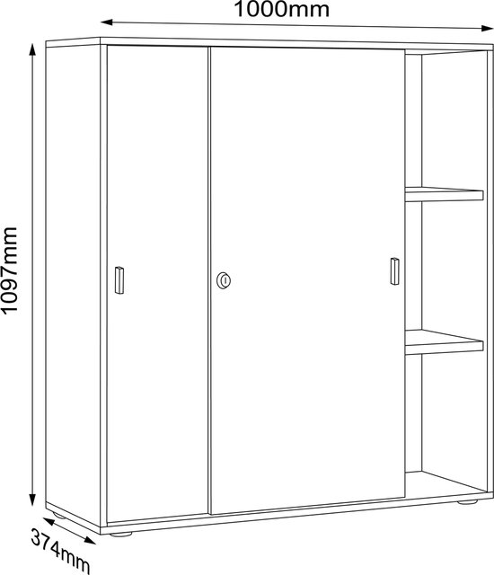 Technische lijntekening van een kast met schuifdeuren, inclusief afmetingen van 1000mm breed en 1097mm hoog.