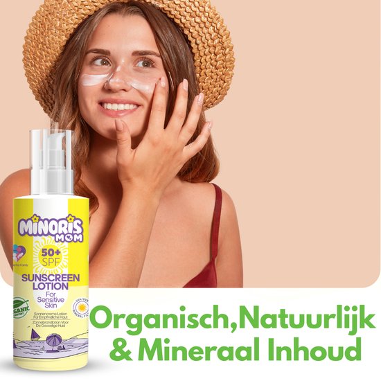 Minoris MOM Zonnebrandlotion SPF 50+ | Biologisch, Natuurlijk & Minerale Inhoud | Zonnebescherming voor Gevoelige Huid, Primer Geschikt, Hypoallergeen, Vegan, Rifvriendelijk, Waterbestendig, Dermatologisch Getest - 150 ml