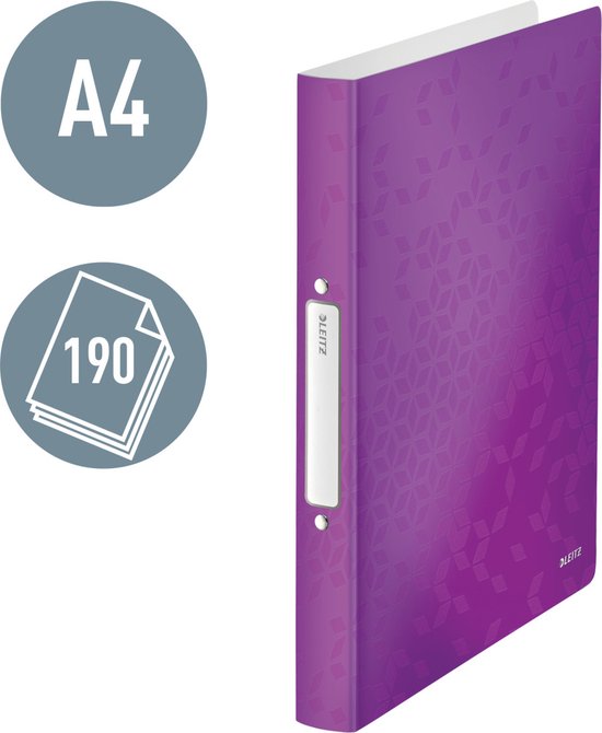 Paarse map met geometrisch patroon, formaat A4, capaciteit 190 vel.