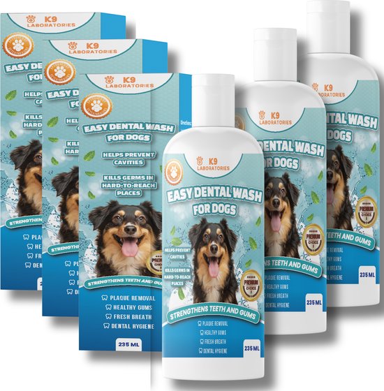 K9 Laboratories Easy Dental Wash voor honden: meerdere flessen en dozen op een witte achtergrond. De fles toont een hond en de tekst 'Strengthens Teeth and Gums'.