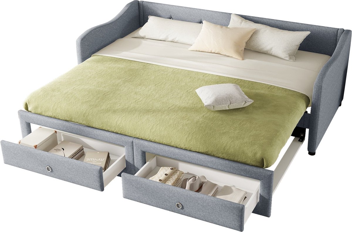 Merax Slaapbank 90x200 cm met Uitrekbaar Bed en 2 Schubladen - Minimalistisch Gestyled Bed met Houten Lattenbodem en Leinen Bekleding - Grijs