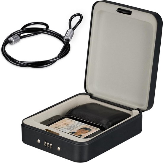 Relaxdays draagbare geldkluis, met sleutels, kabel, voor vakantie, camping, auto, staal, HxBxD: 5x17x25 cm, zwart