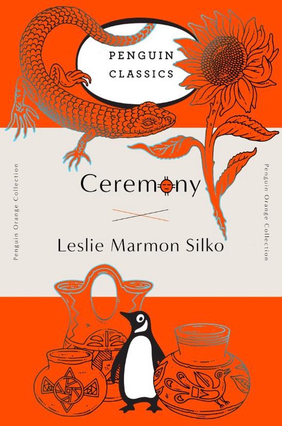 Couverture du livre 'Ceremony' dans les tons orange et beige. Images d'un lézard, d'un tournesol, d'un pingouin et de poteries.