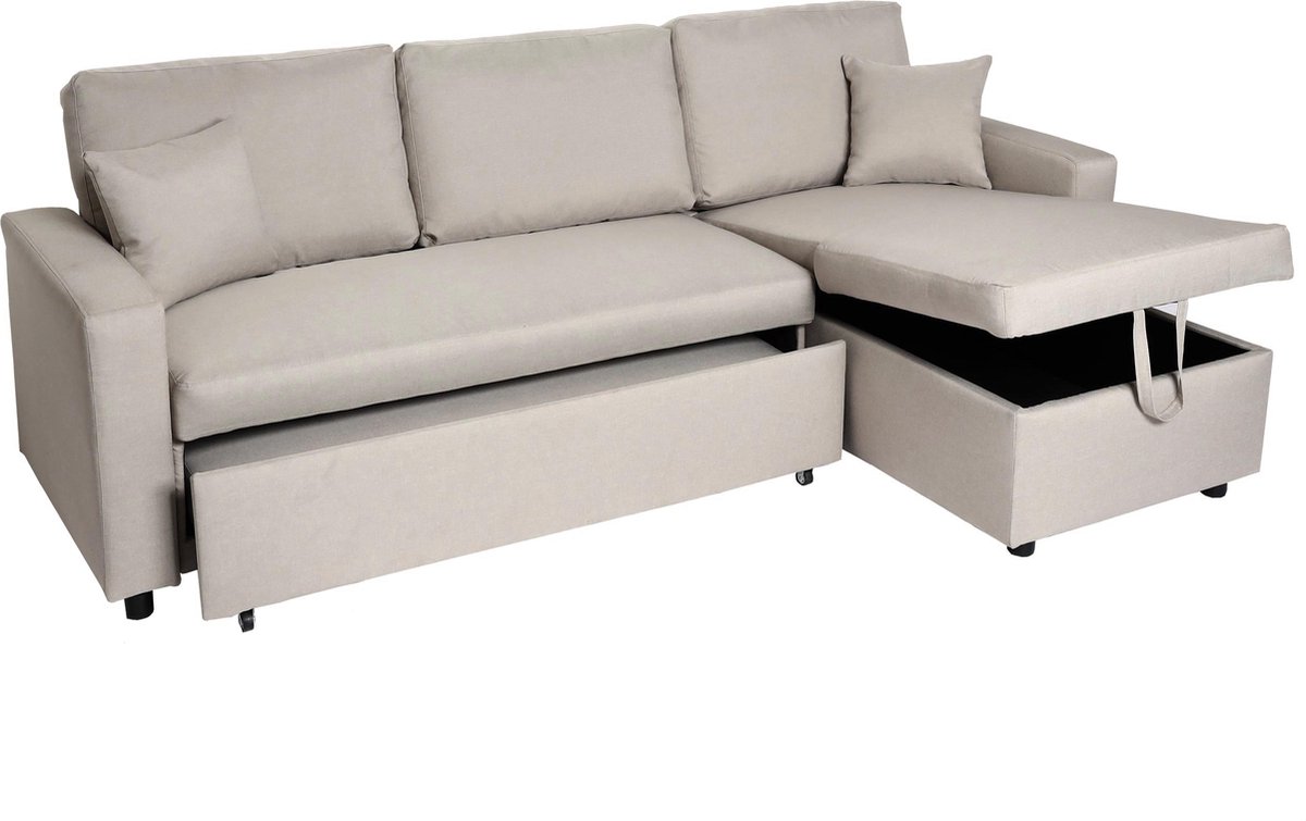 MCW Hoekbank met bed box -L17 bank L-vorm ligvlak Nosag vering 228cm ~ beige