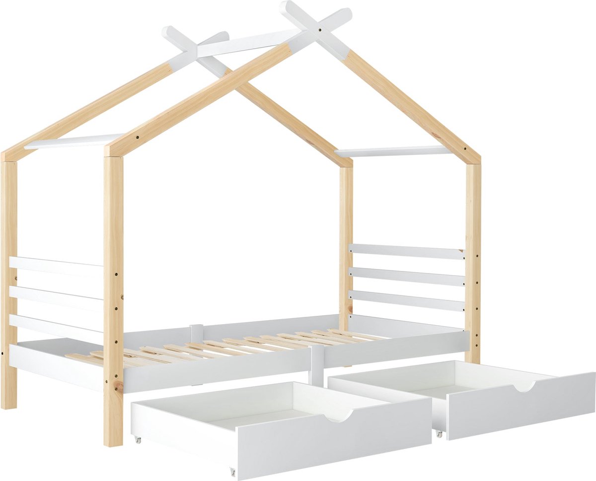 Merax Kinderbed met Lades 90x200 cm - Massief Houten Huisbed met Lattenbodem - Bed in Wit + Naturel Hout Bruin